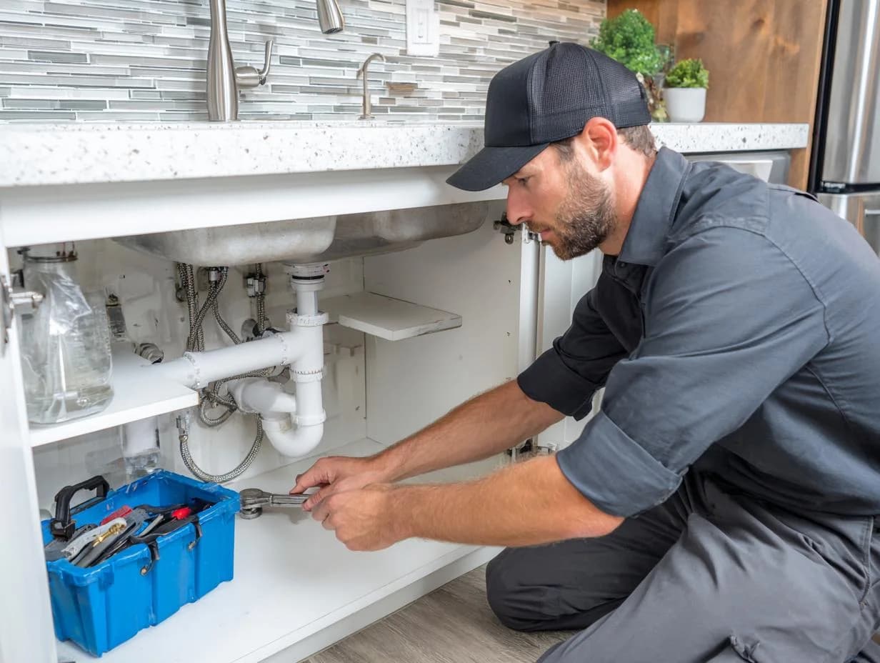 Licensed Flowline plumber working under a sink