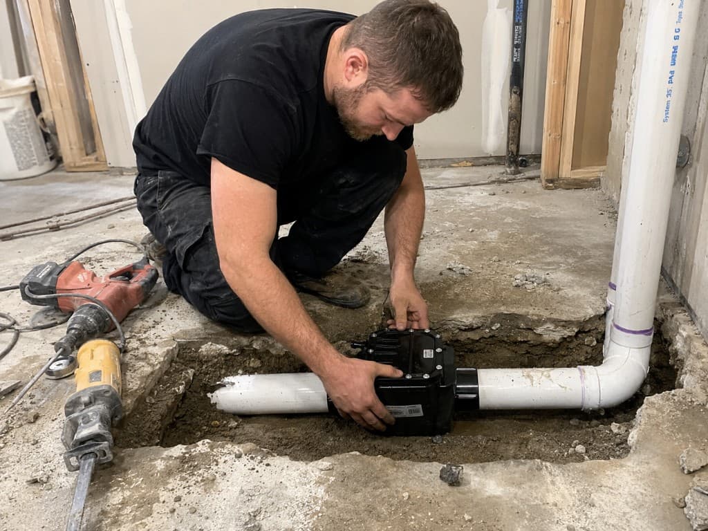Plumber installing a backwater valve in an excavated basement floor trench