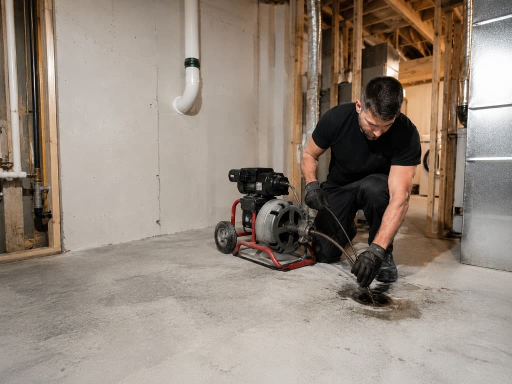 Professional plumber using a motorized drain auger to clear a floor drain in a residential basement