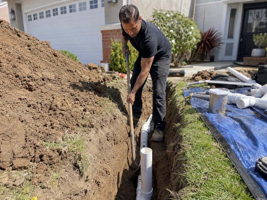 Plumber working in a yard trench installing new PVC sewer pipe